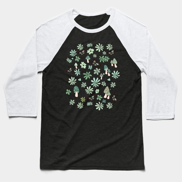 Light Green and Sage Flowers Butterflies and Mushrooms Cottagecore Aesthetic Baseball T-Shirt by YourGoods